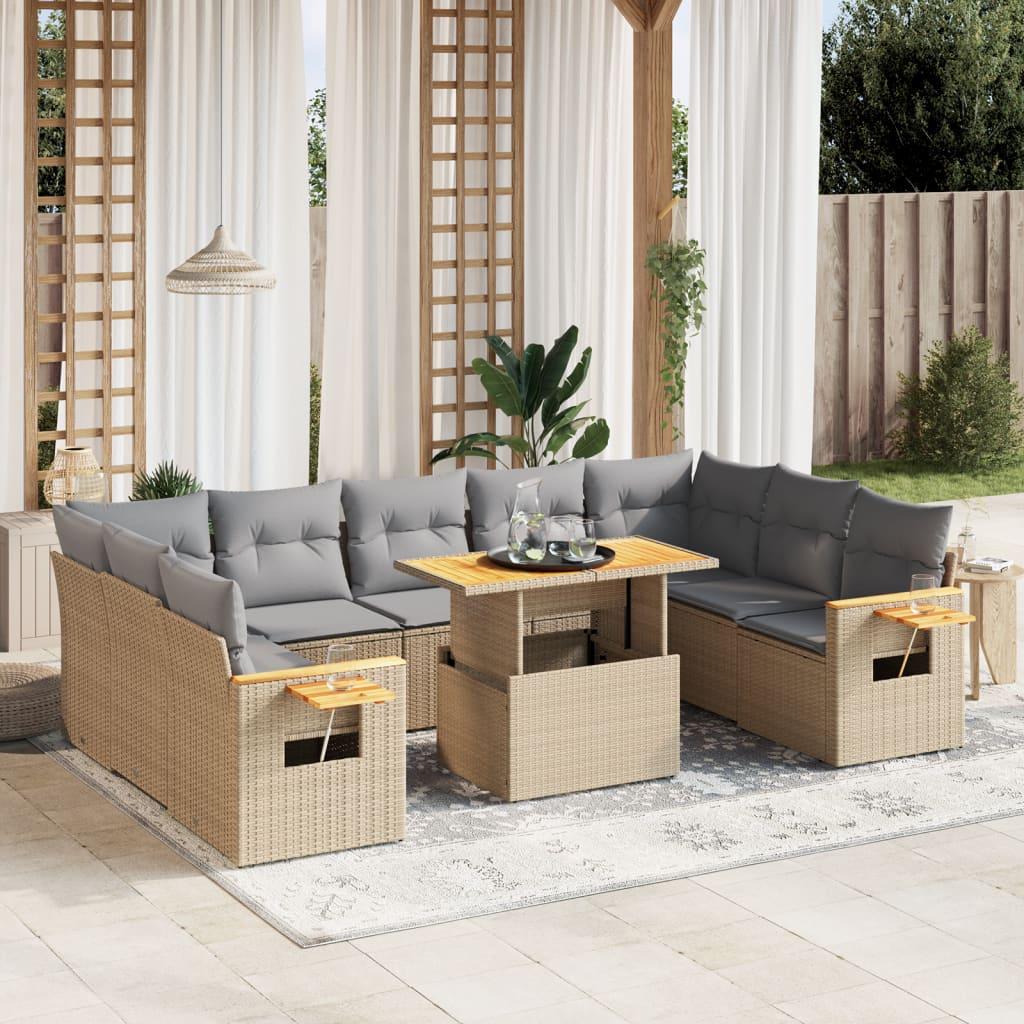Havesofasæt i polyrattan - 10 dele med hynder, beige billede