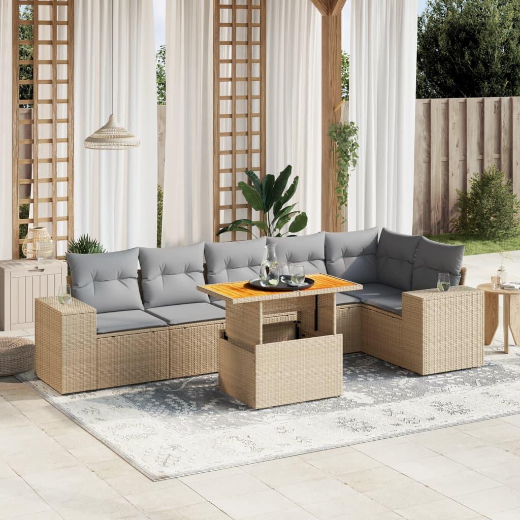 Sofasæt til haven i polyrattan - 7 dele med hynder, beige