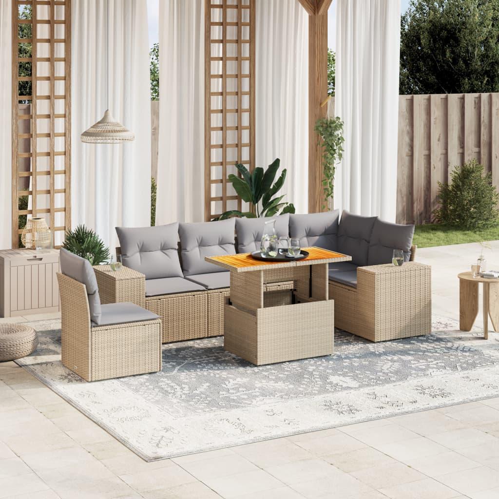 Sofasæt til haven i polyrattan - 7 dele med hynder, beige