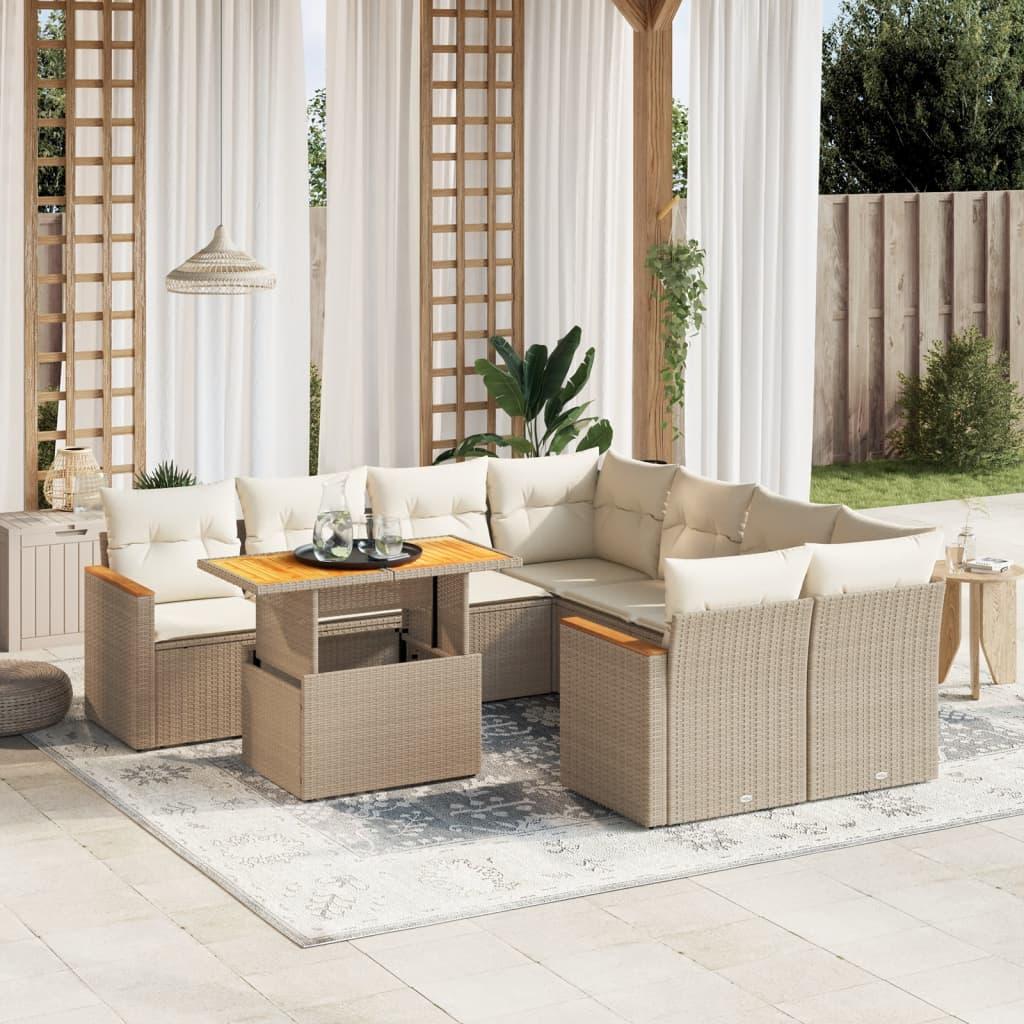 Sofasæt til haven i polyrattan, 9 dele med hynder - beige