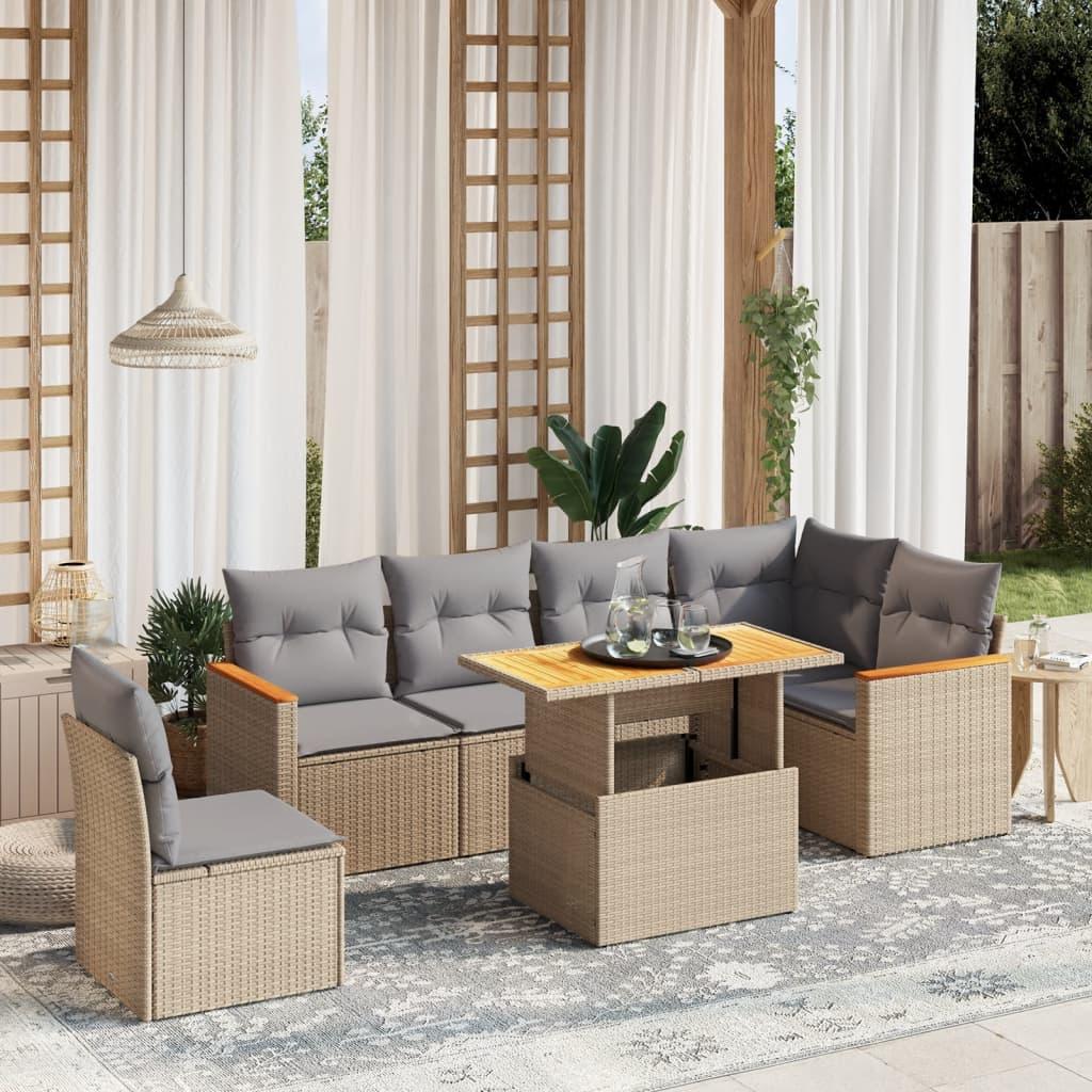 Sofasæt til haven i polyrattan - 7 dele med hynder, beige