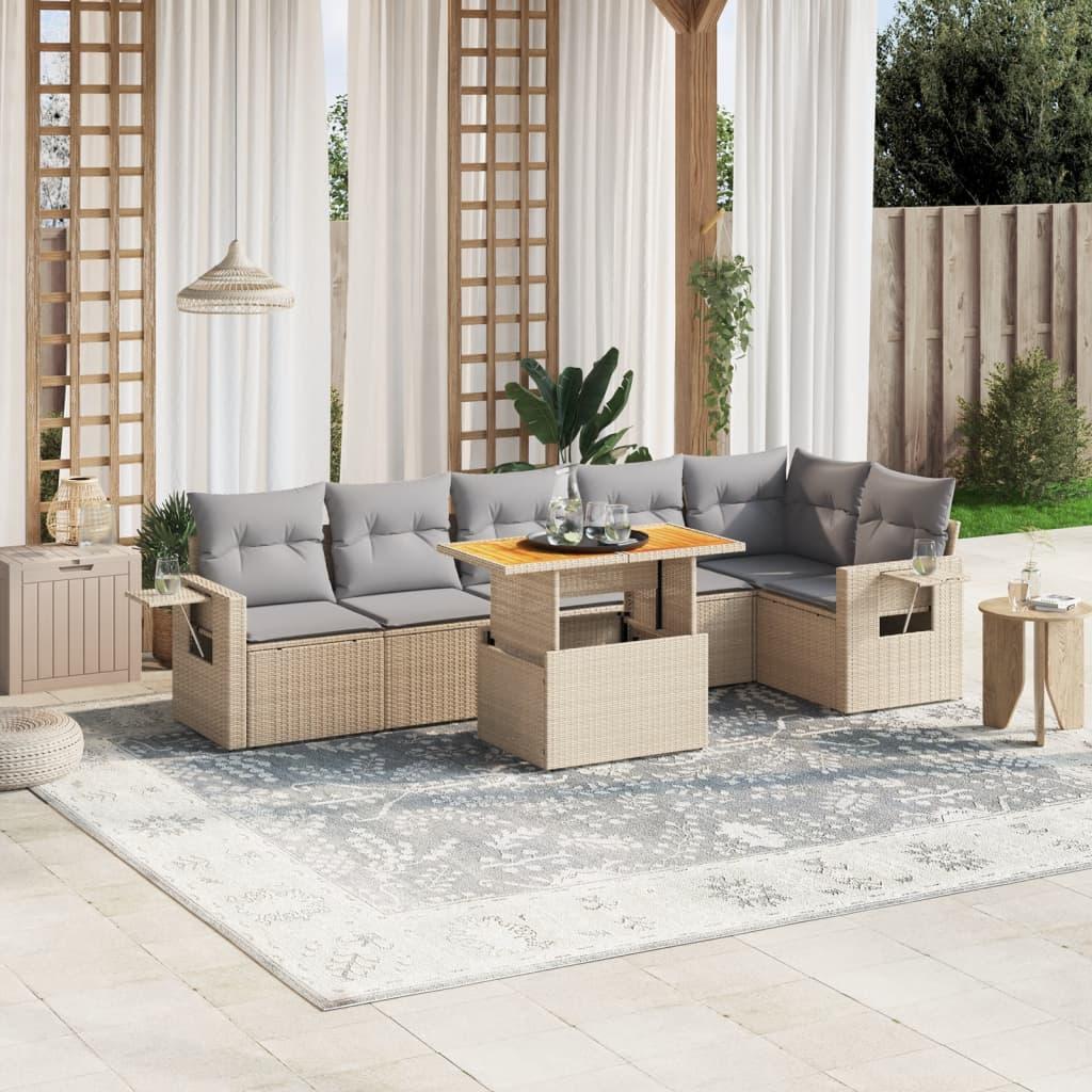 Sofasæt til haven i polyrattan, 7 dele med hynder - beige