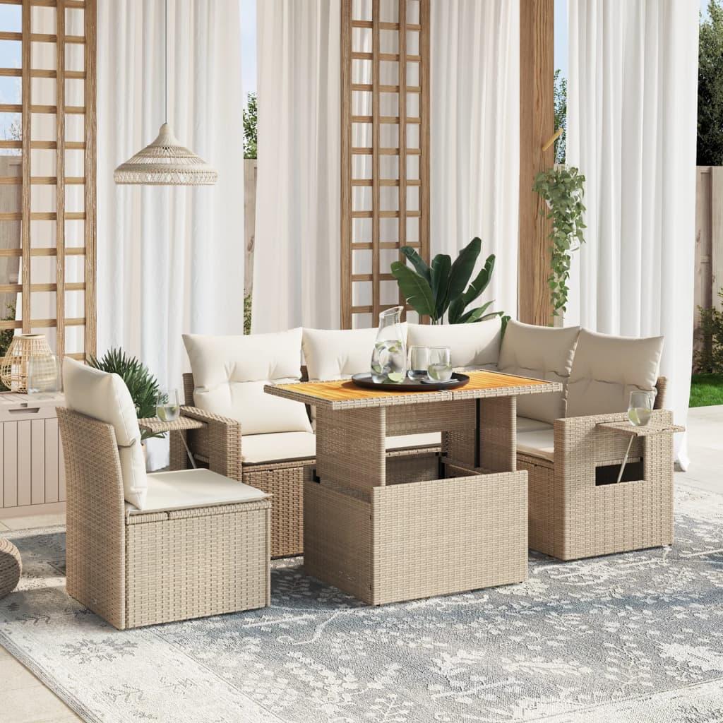 Sofasæt til haven 6 dele med hynder i polyrattan beige