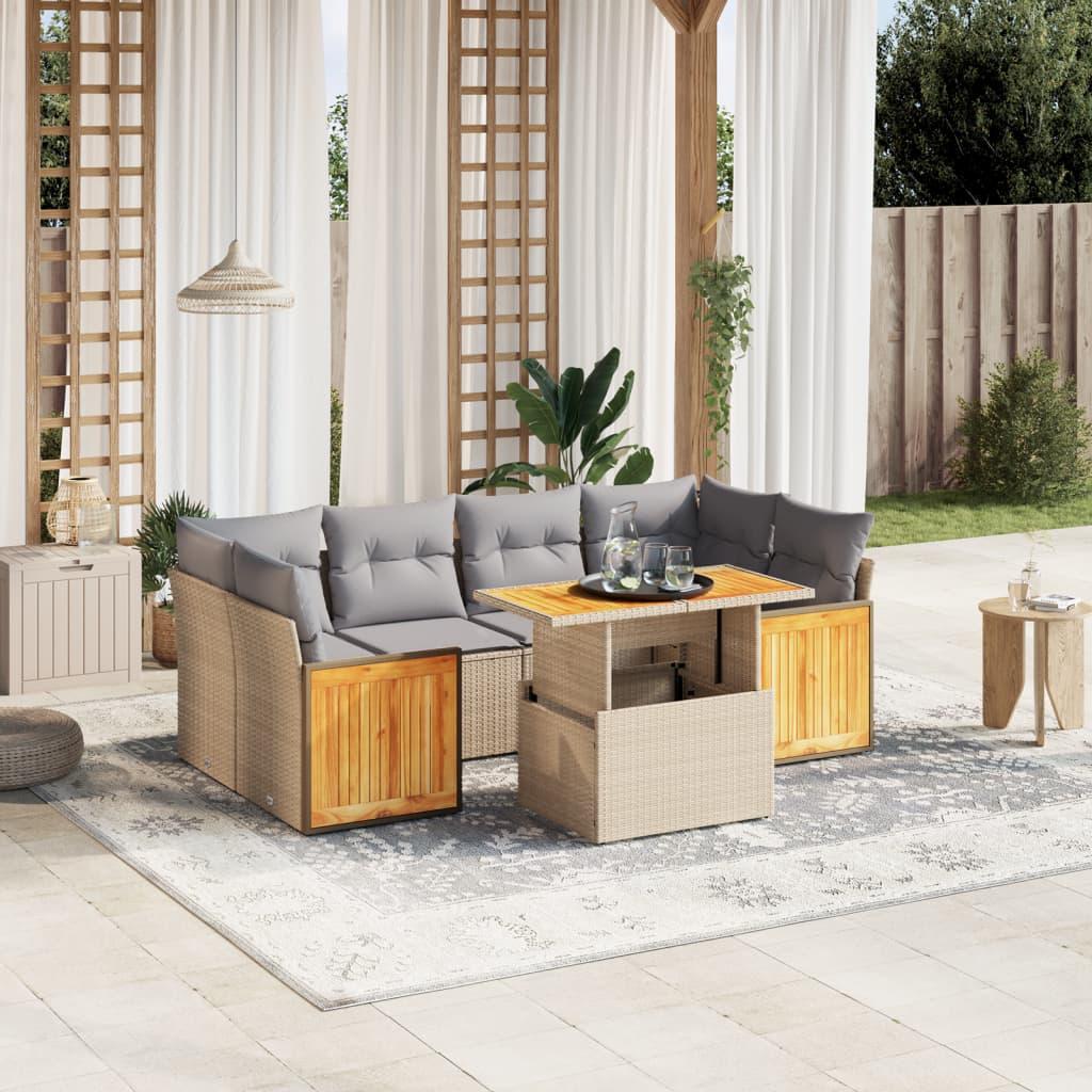 Sofasæt til haven i polyrattan - 7 dele med hynder, beige