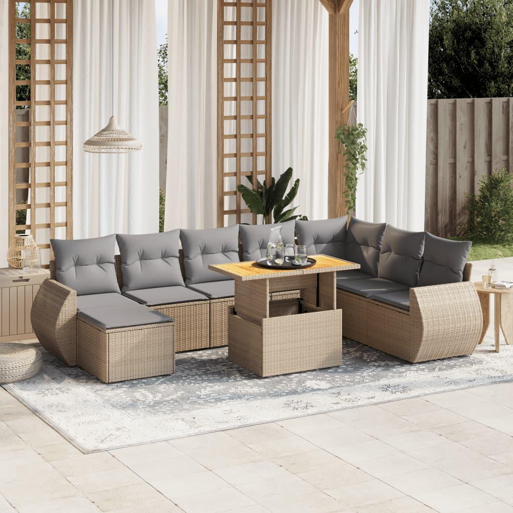 Havesofasæt 9 dele med hynder og hæve-sænke bord i polyrattan - beige