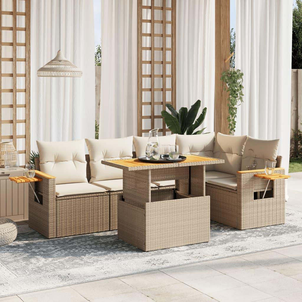 Havesofasæt 6 dele med hynder i polyrattan beige