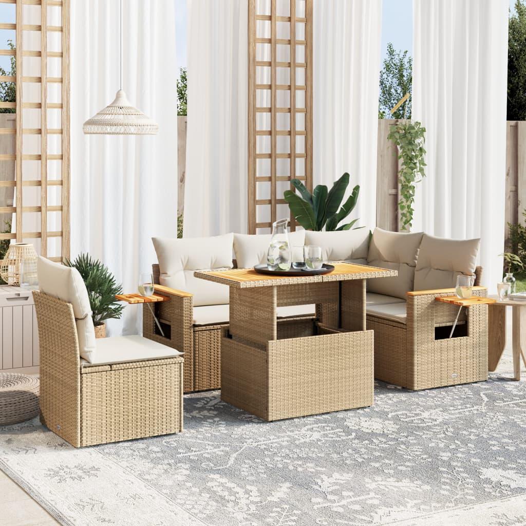 Sofasæt til haven 6 dele med hynder i polyrattan beige
