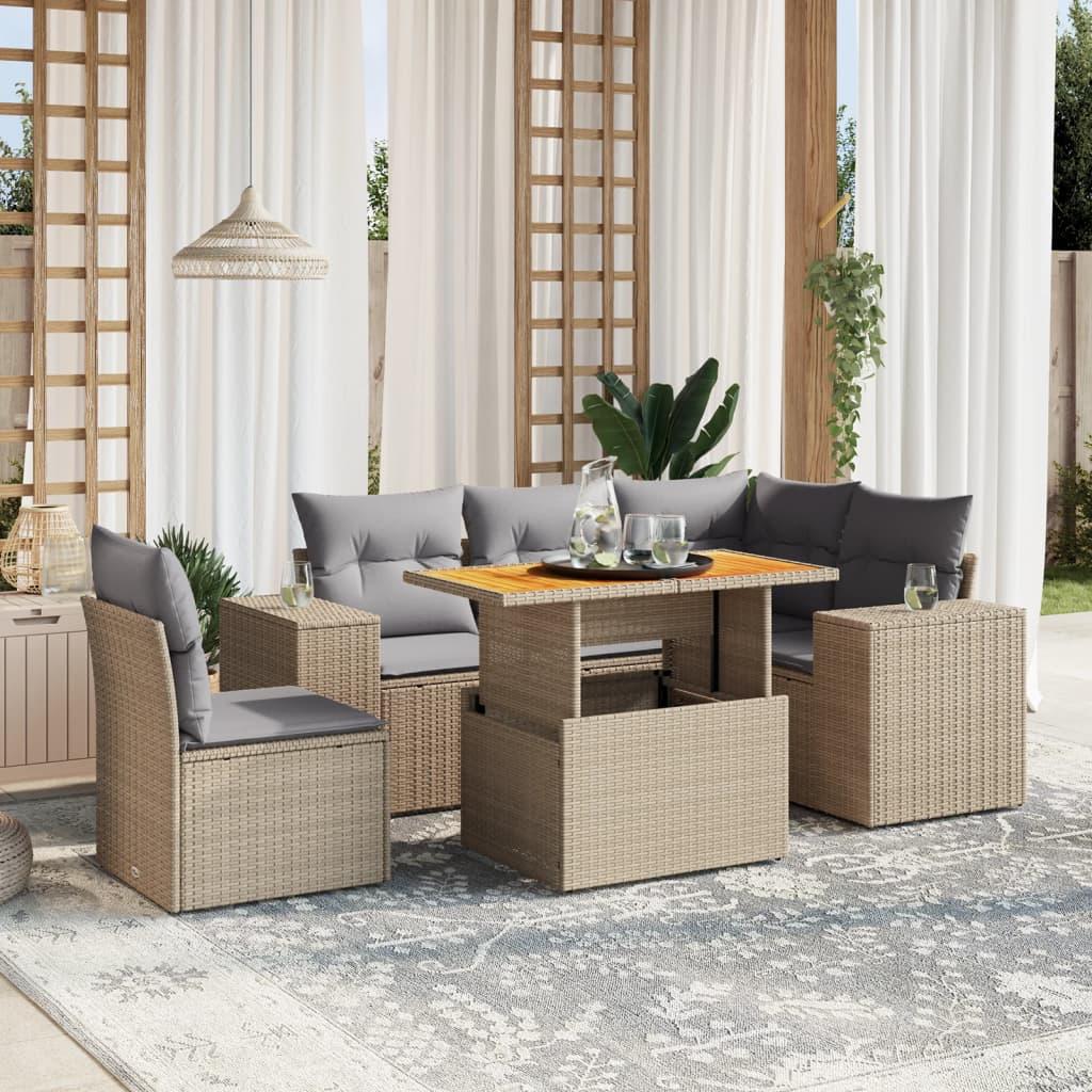 Sofasæt til haven 6 dele med hynder polyrattan beige