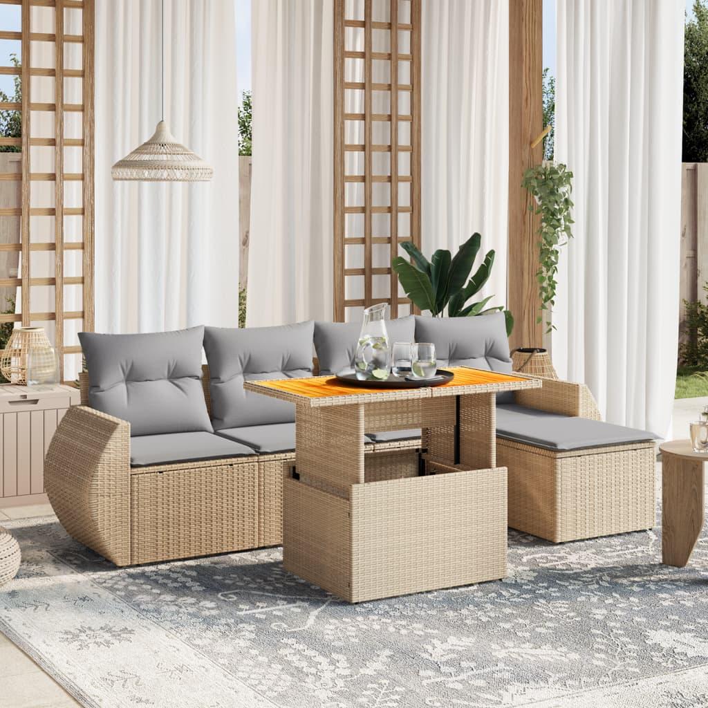 Sofasæt til haven 6 dele med hynder polyrattan beige