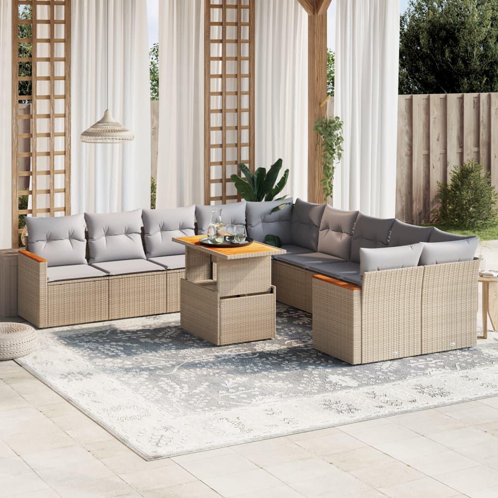 Sofasæt til haven i polyrattan - 11 dele med hynder, beige