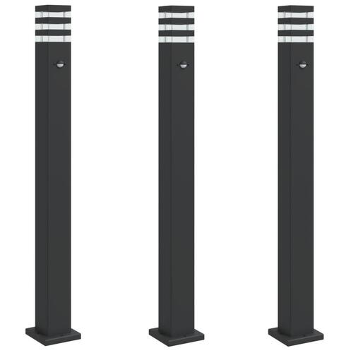 Udendørs standerlamper 3 stk. med sensor 110 cm aluminium sort