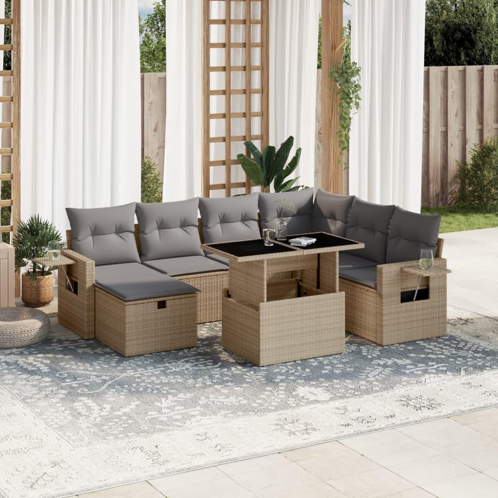 Sofasæt til haven 8 dele med hynder og hæve-sænke-bord i polyrattan - beige