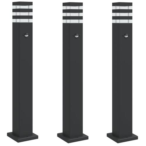 Udendørs standerlamper 3 stk. med sensor 80 cm aluminium sort