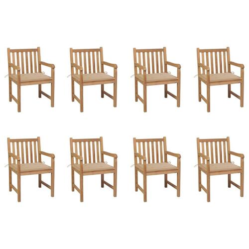 Havestole 8 stk. med beige hynder massivt teaktræ