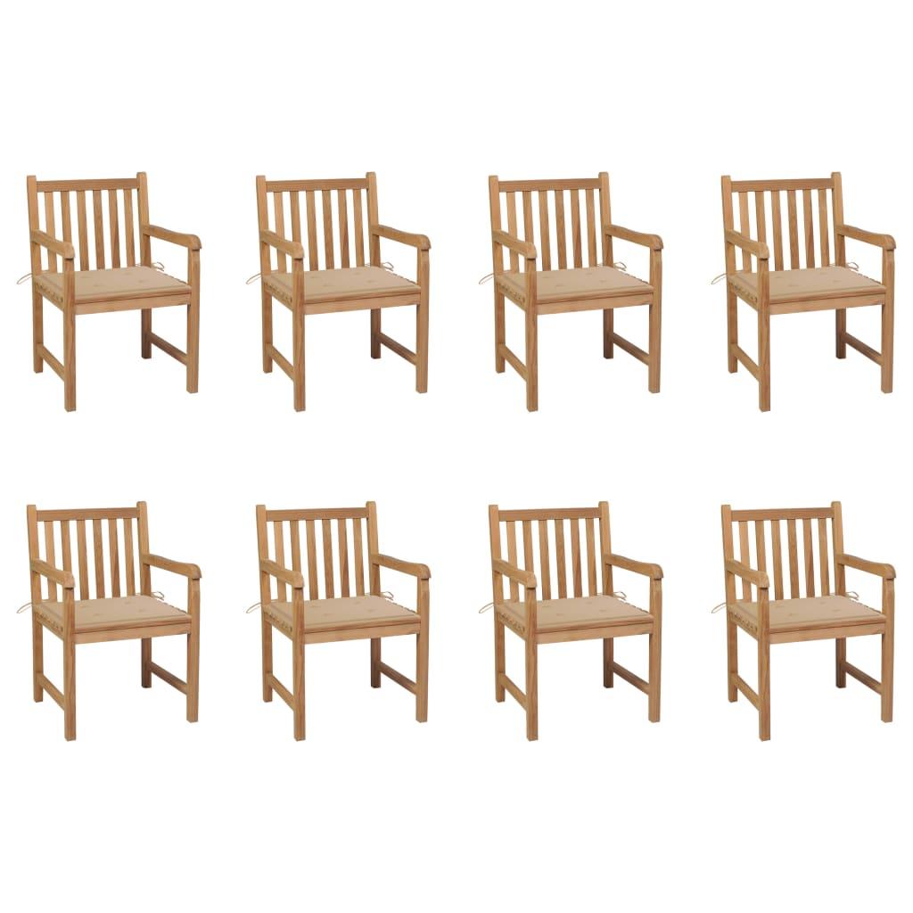Havestole 8 stk. med beige hynder massivt teaktræ