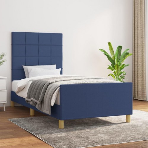 Sengeramme 90x200 cm i stof - blå, med justerbar sengegavl