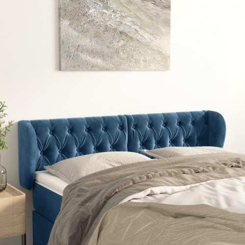 Sengegavl med kanter 147 x 23 x 78/88 cm fløjl - mørkeblå