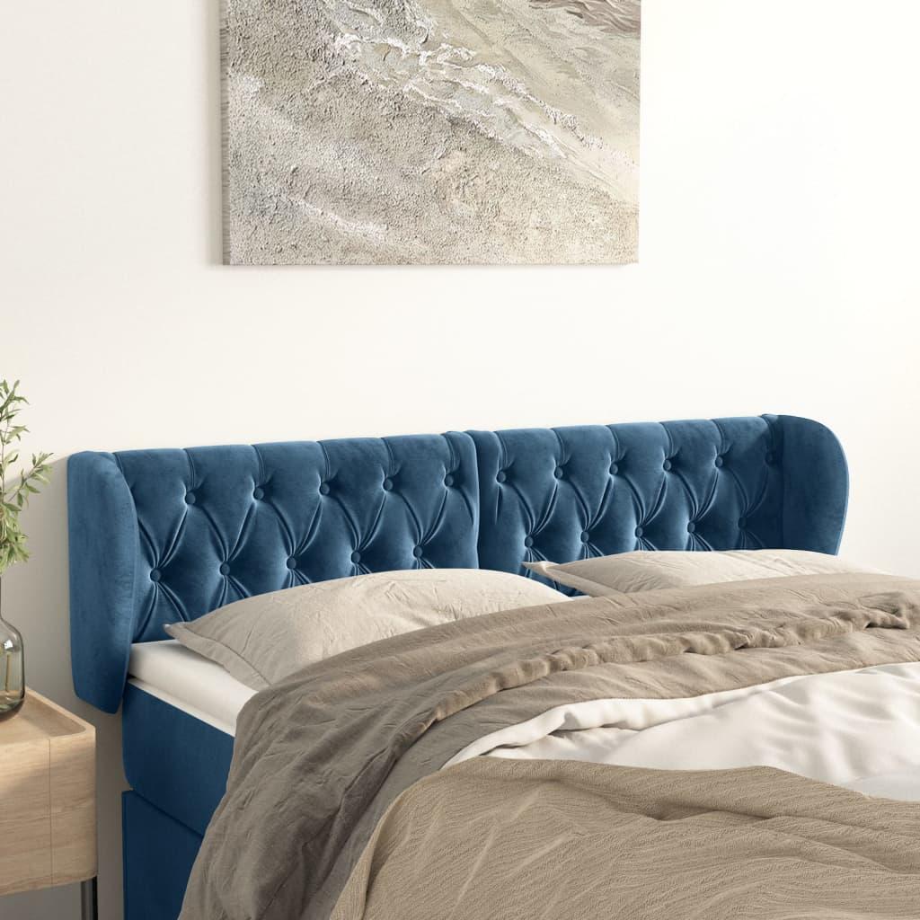 Sengegavl med kanter i fløjl - 147×23×78/88 cm, mørkeblå billede