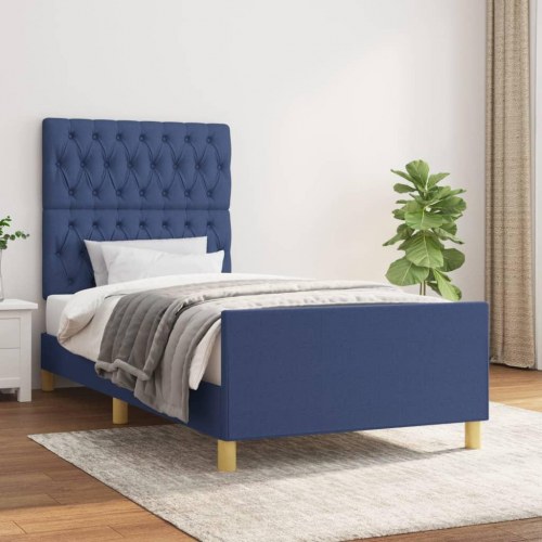 Sengeramme med justerbar sengegavl 90x190 cm - stof, blå