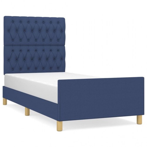 Sengeramme med justerbar sengegavl 90x190 cm - stof, blå