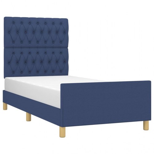 Sengeramme med justerbar sengegavl 90x190 cm - stof, blå