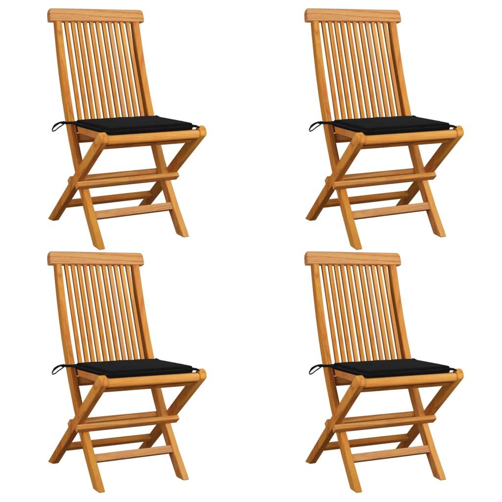 Havestole med sorte hynder 4 stk. massivt teaktræ