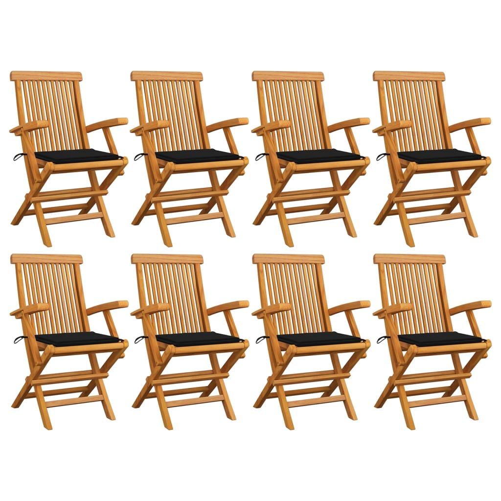 Havestole med sorte hynder 8 stk. massivt teaktræ