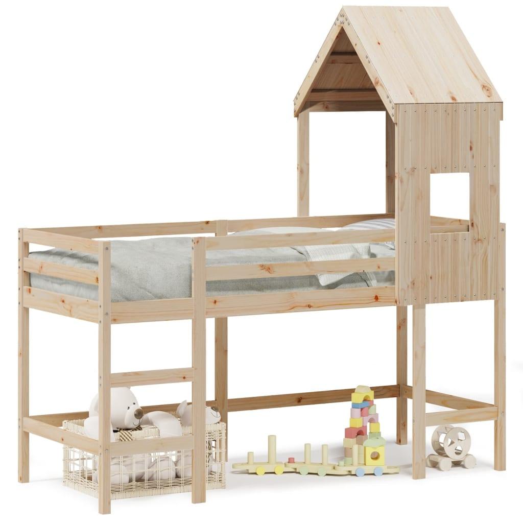 Højseng med stige og tag 90x200 cm massivt fyrretræ