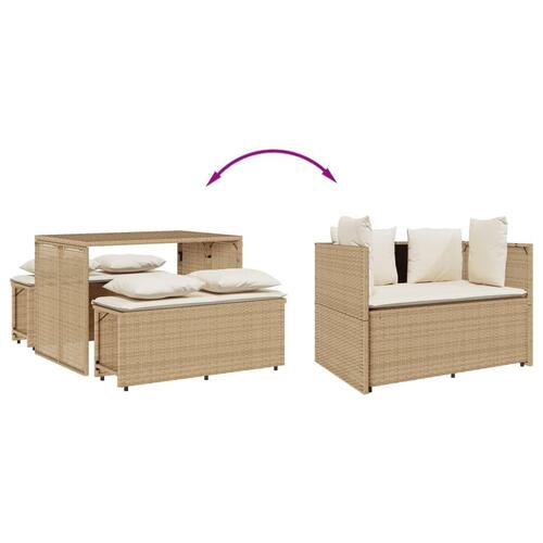 Spisebordssæt til haven 3 dele med hynder polyrattan beige