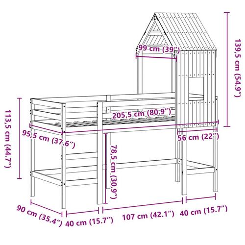 Højseng med stige og tag 90x200 cm massivt fyrretræ hvid