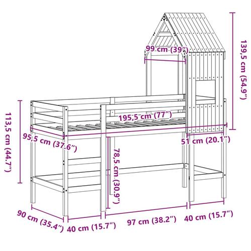 Højseng med stige og tag 90x190 cm massivt fyrretræ hvid