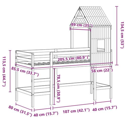 Højseng med stige og tag 80x200 cm massivt fyrretræ hvid