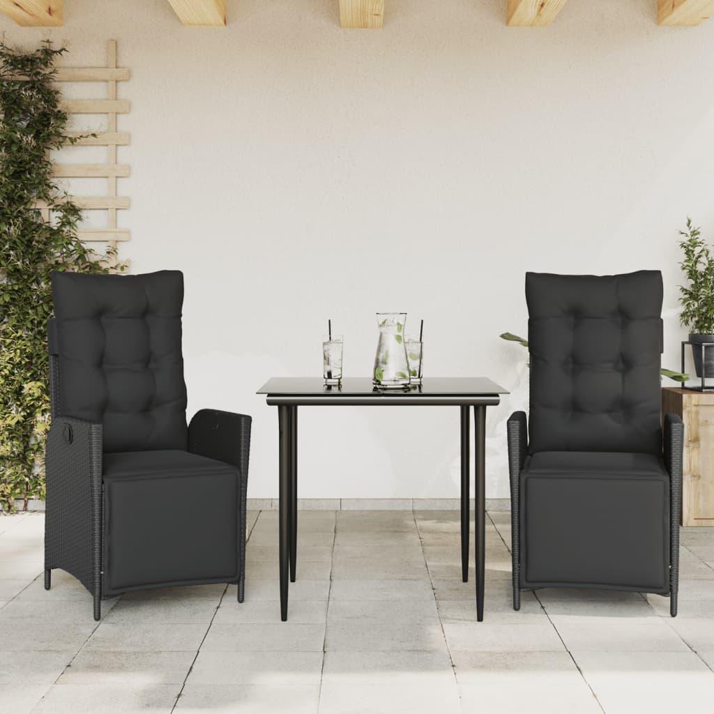 Spisebordssæt til haven 3 dele med hynder polyrattan sort