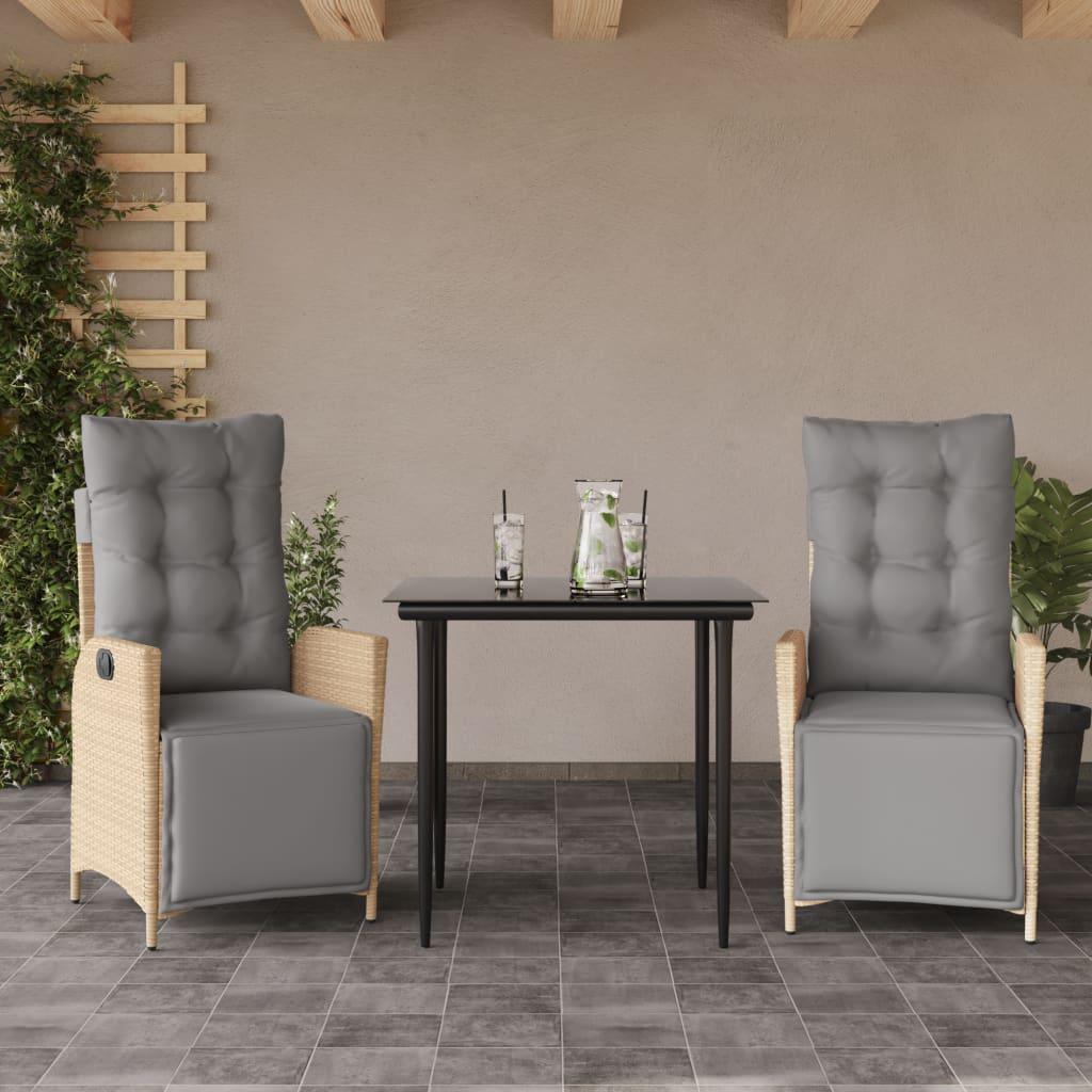 Spisebordssæt til haven 3 dele med hynder polyrattan beige