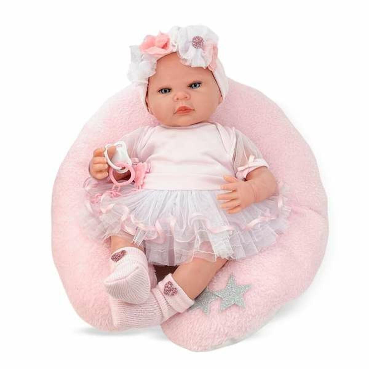 Berjuan genfødt babydukke 50 cm med pude - hvid/rosa