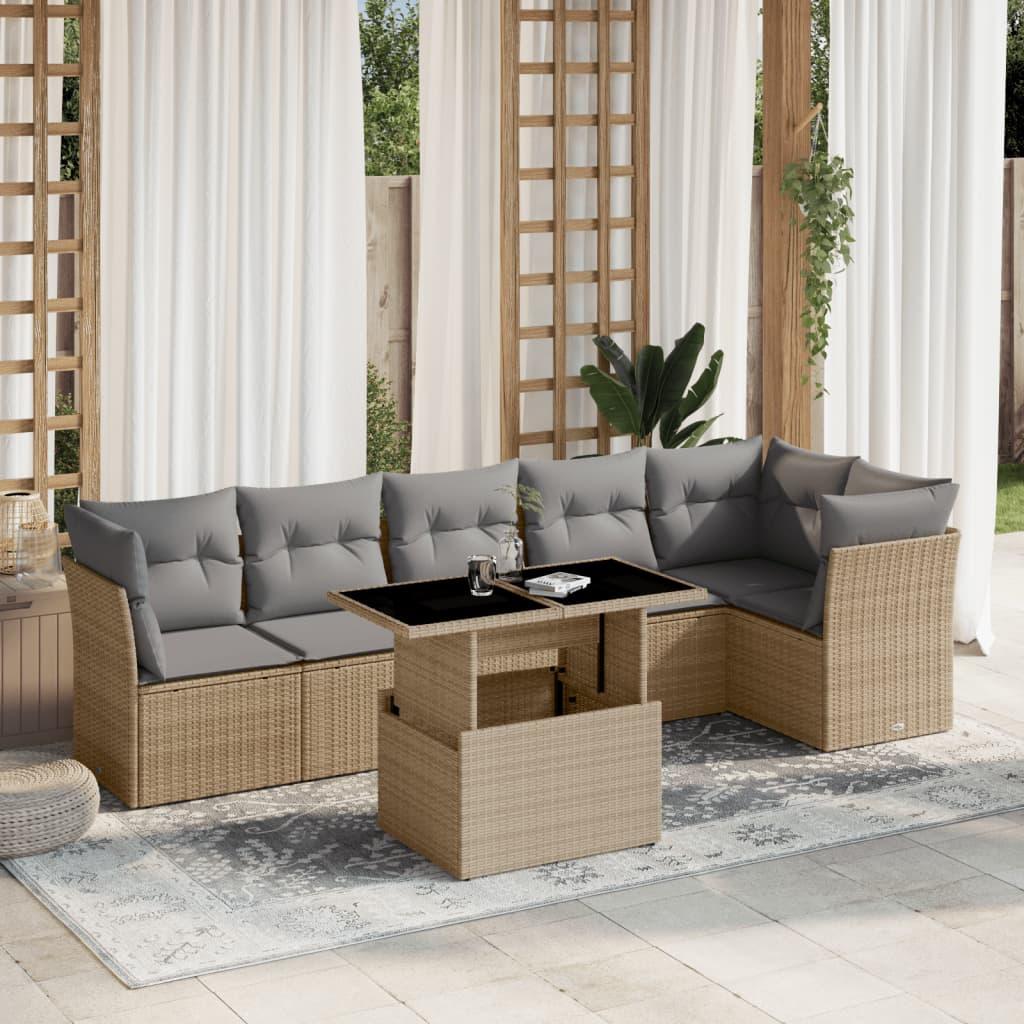Sofasæt til haven i polyrattan, 7 dele med hynder - beige