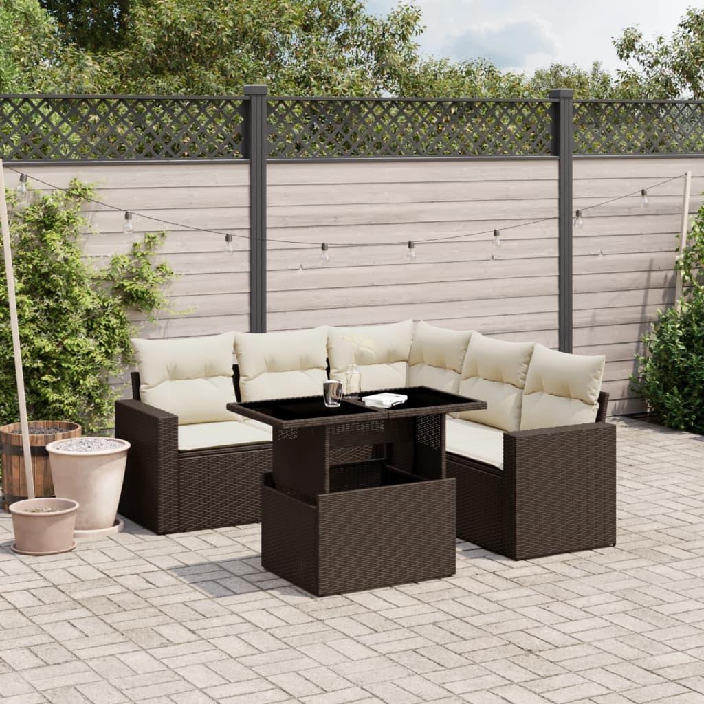 Havesofasæt i polyrattan - 6 dele med hynder, brun