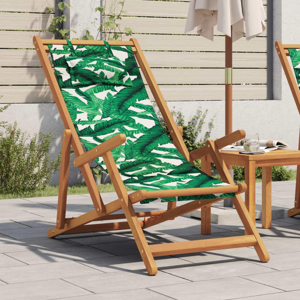 Strandstol foldbar massivt eukalyptustræ og stof bladmønster