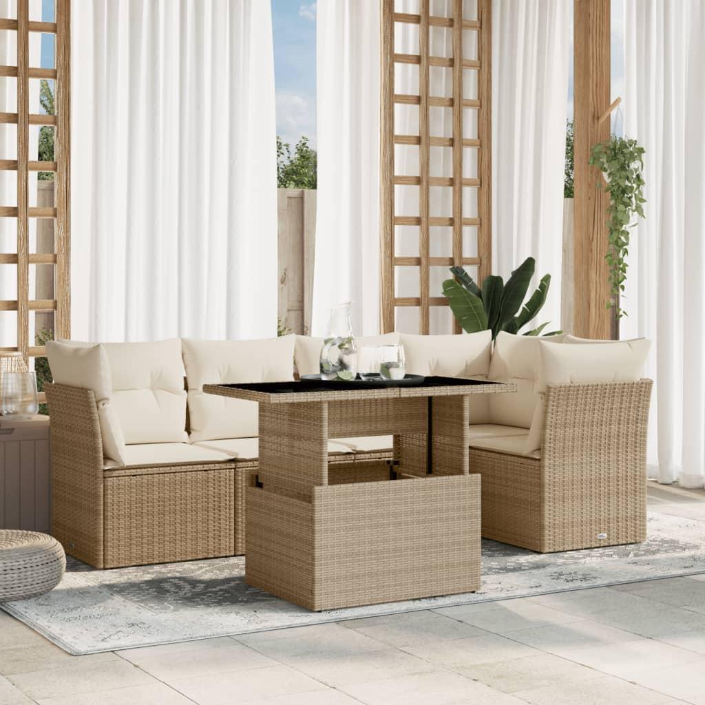 Havesofasæt 6 dele med hynder i polyrattan beige