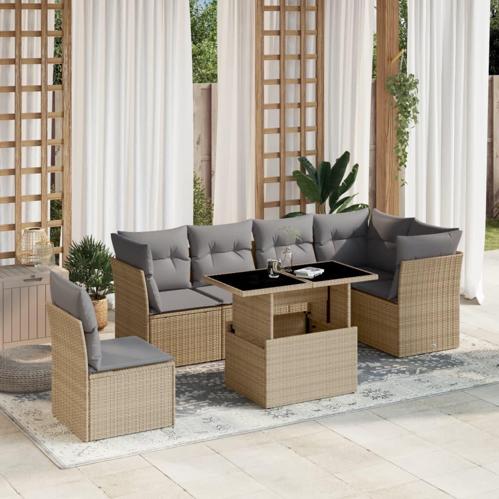Havesofasæt 7 dele med hynder i polyrattan - beige