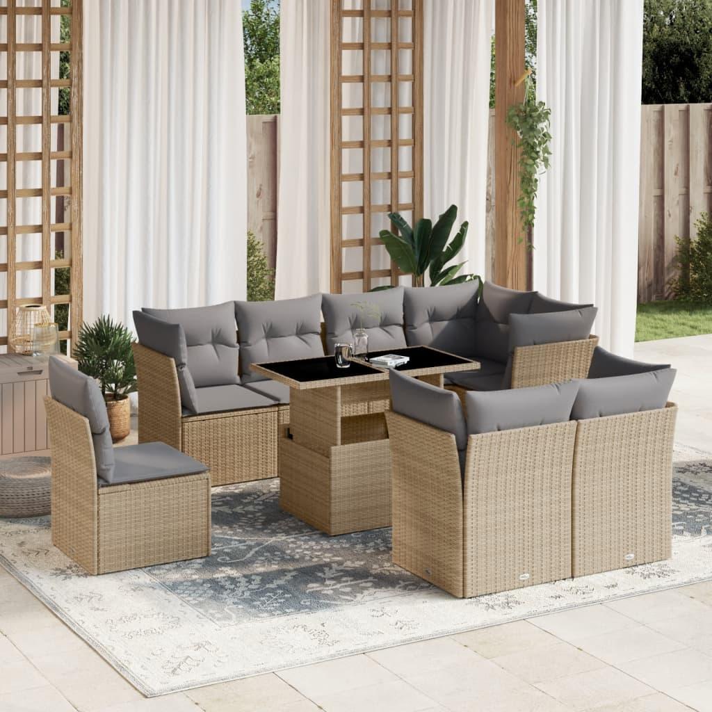 Sofasæt til haven 9 dele med hynder polyrattan beige billede