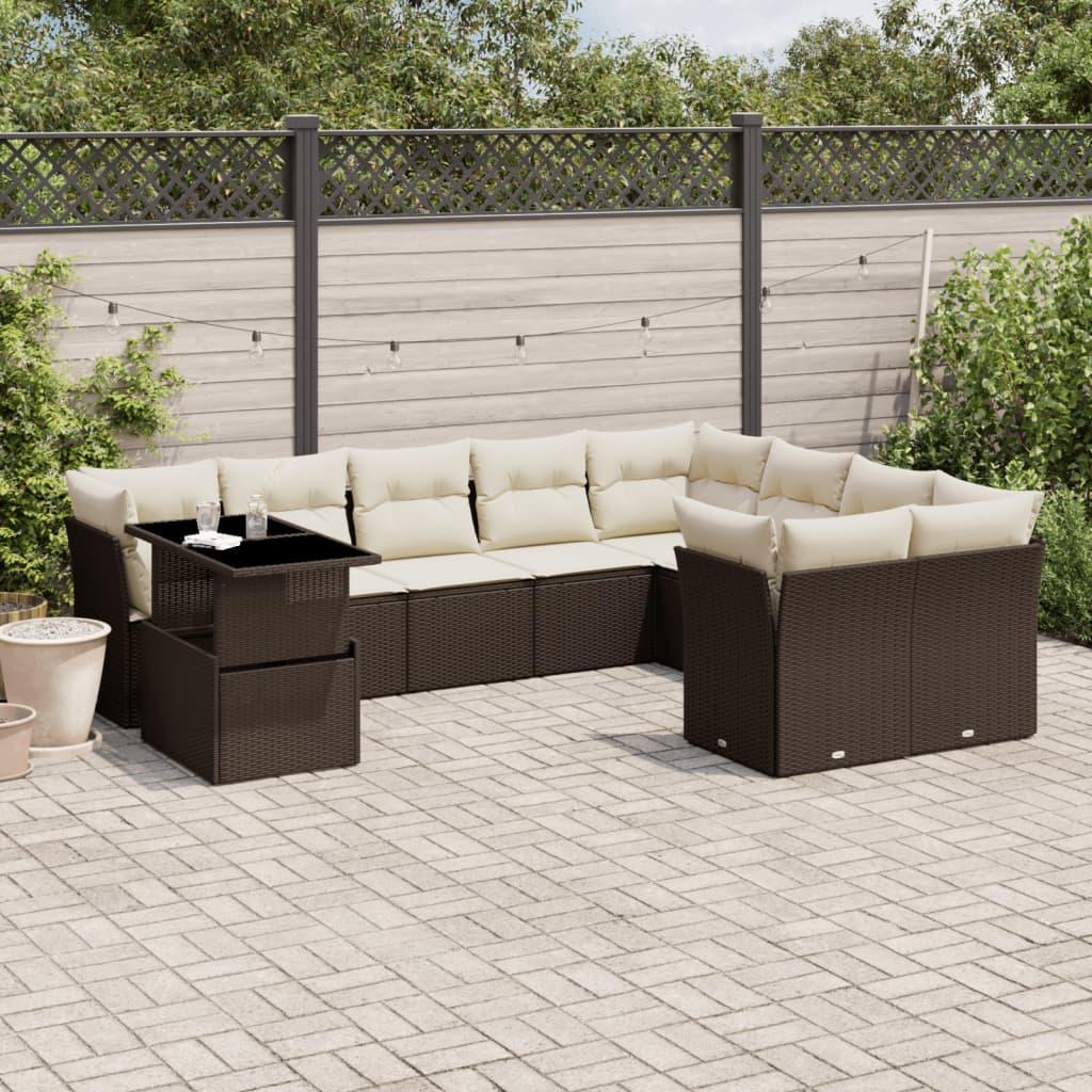Havesofasæt i polyrattan - 10 dele med hynder, brun