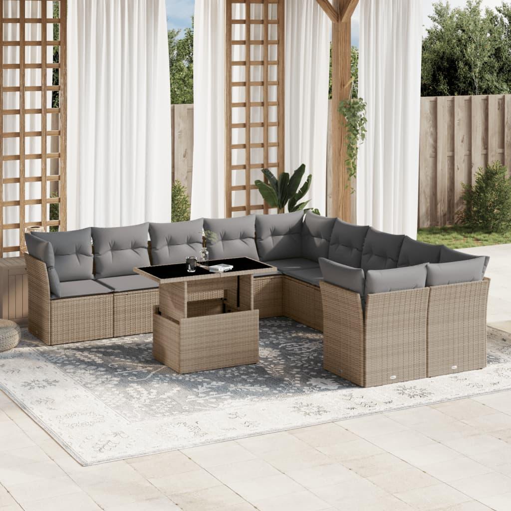 Sofasæt til haven 11 dele med hynder i polyrattan - beige
