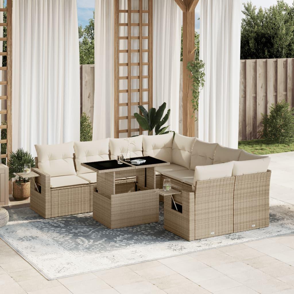 Havesofasæt i polyrattan, 9 dele med hynder - beige
