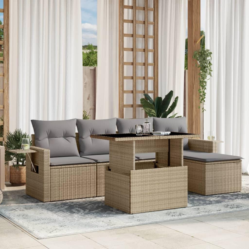 Sofasæt til haven 6 dele med hynder polyrattan beige billede