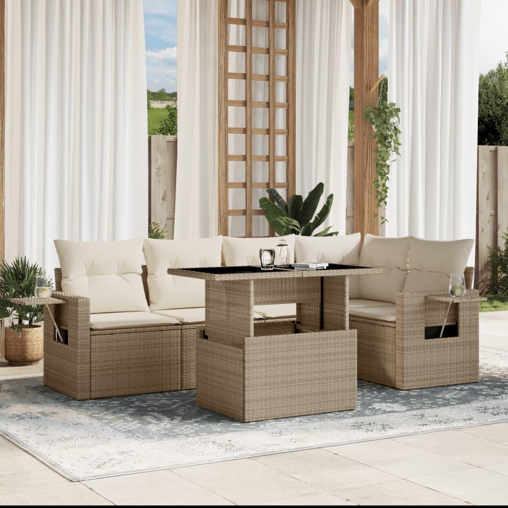 Sofasæt til haven 6 dele med hynder polyrattan beige