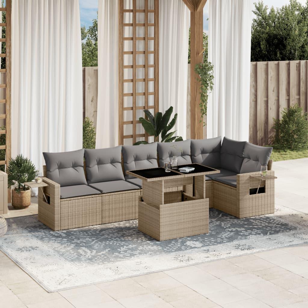 Sofasæt til haven i polyrattan - 7 dele med hynder, beige