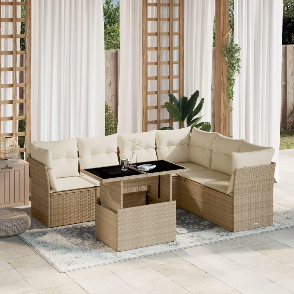 Sofasæt til haven 7 dele med hynder polyrattan beige