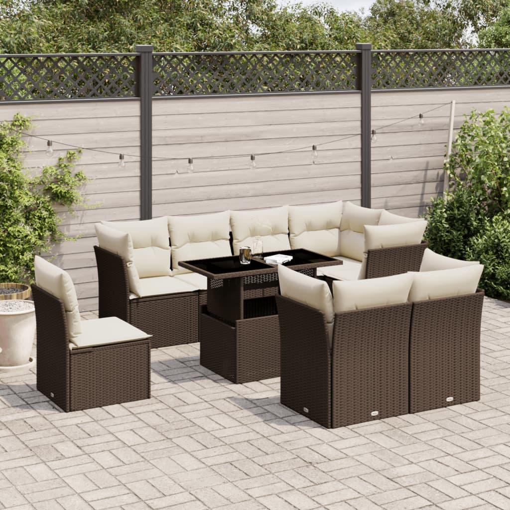 Sofasæt til haven i polyrattan - 9 dele med hynder, brun