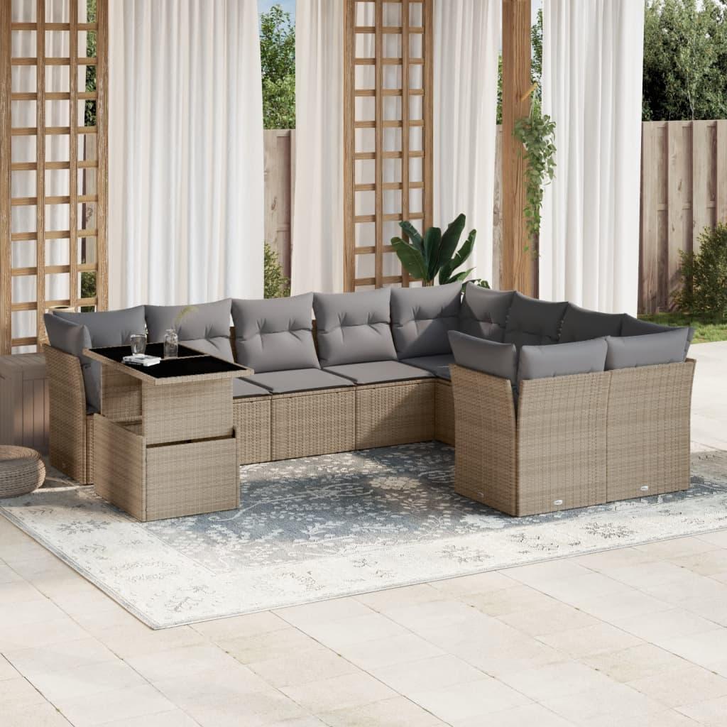 Sofasæt til haven i polyrattan - 10 dele med hynder, beige